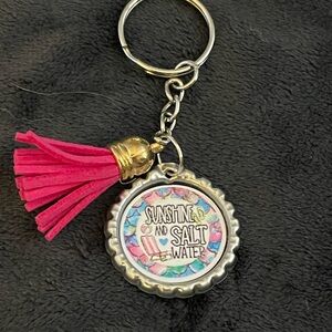 Pink Tassel Keychain with 'Sunshine and Salt Water' Charm